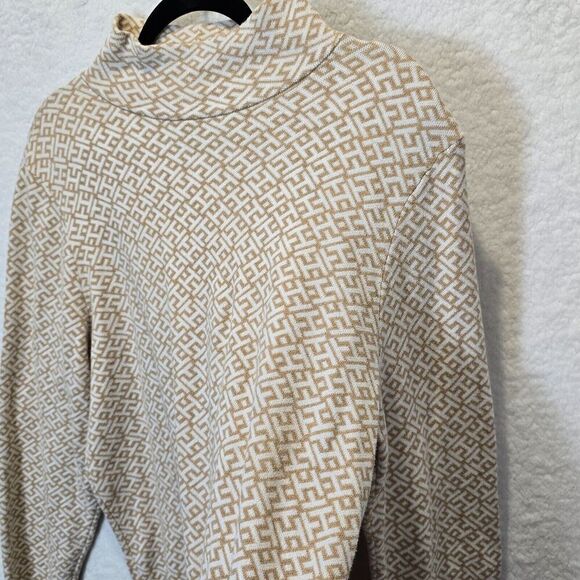 WOMENS TOMMY HILFIGER MONOGRAM LOGO TURTLENECK COTTON TAN & BEIGE SWEATER SZ XL - Picture 3 of 9